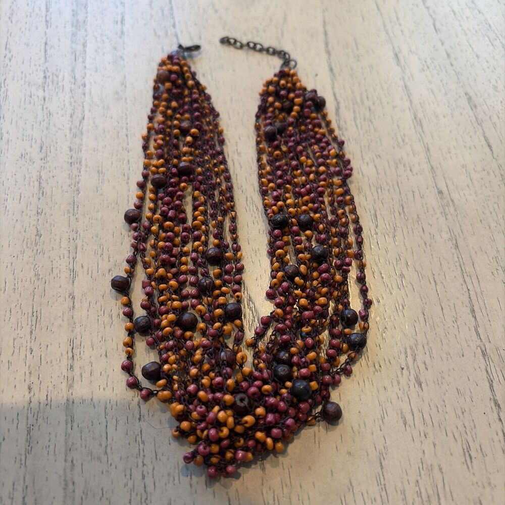 Gorgeous Vintage Multi-Strand Amber & Red, Orange, Brown Beaded Necklace + Clasp